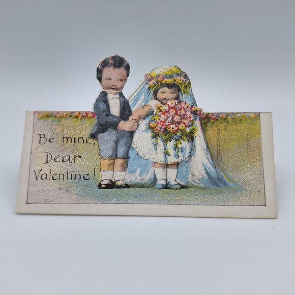 Vintage Valentine Cutout Card Wedding Scene Small Paper Tiny Ephemera Journal - Picture 1 of 5